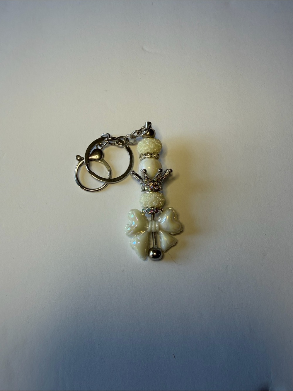 Pearl White Beaded Charm Keychain with Bow Accent